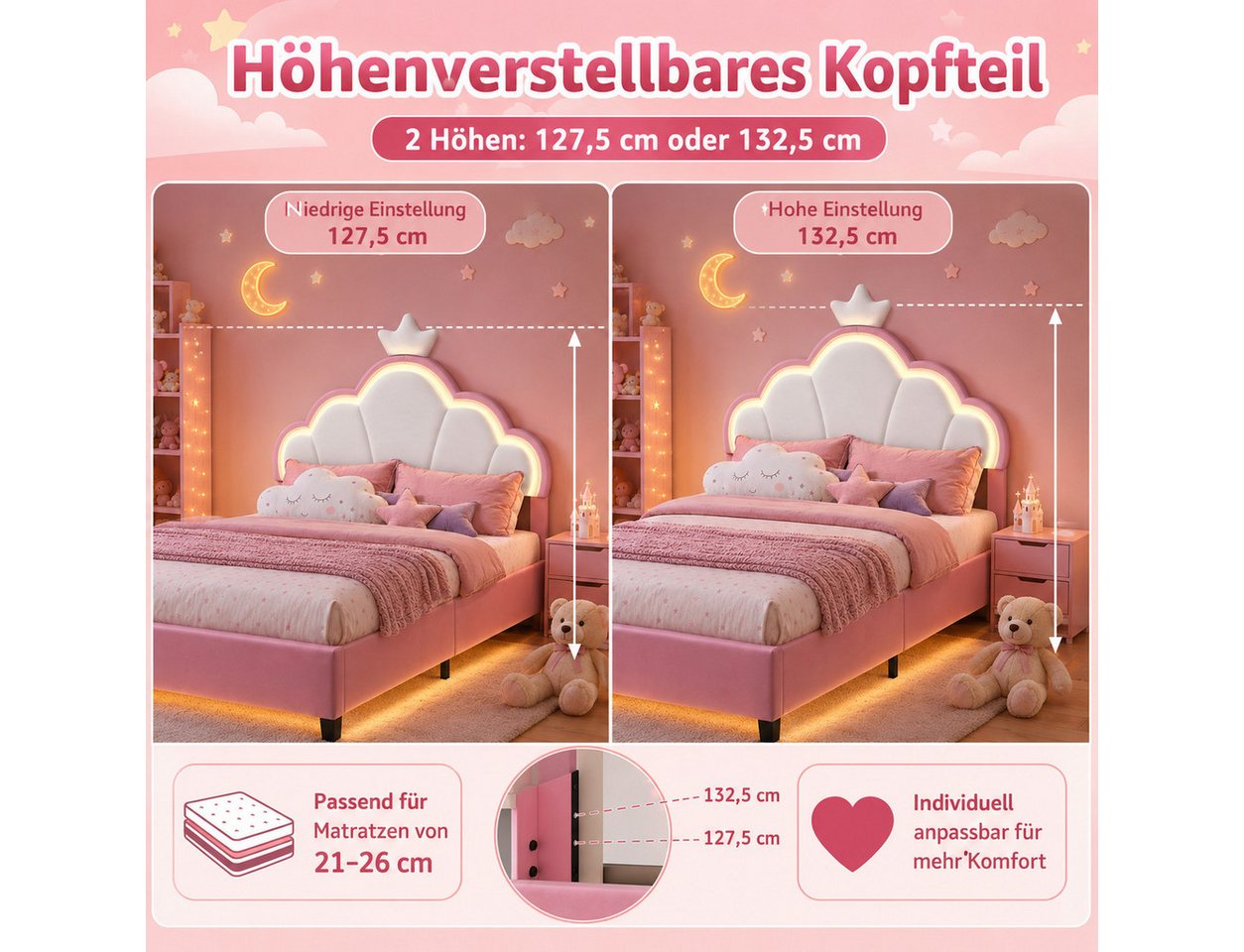 Simurq Kinderbett 140x200 cm Mädchen Bett Mit LED, Kopfteil in Kronenform und Lattenrost (Set, Ohne Matratze), Polsterbett Prinzessinbett mit Gepolstertem Kopft – Bild 5 von 5
