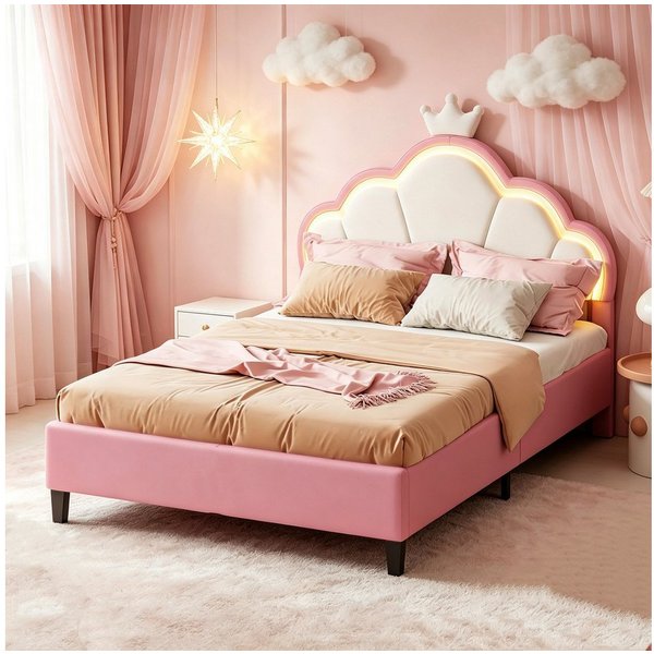 Simurq Kinderbett 90x200cm Bettgestell, Einzelbett, Polsterbett, Jugendbett, Mit LED, Mit Lattenrost, Prinzessin Bett