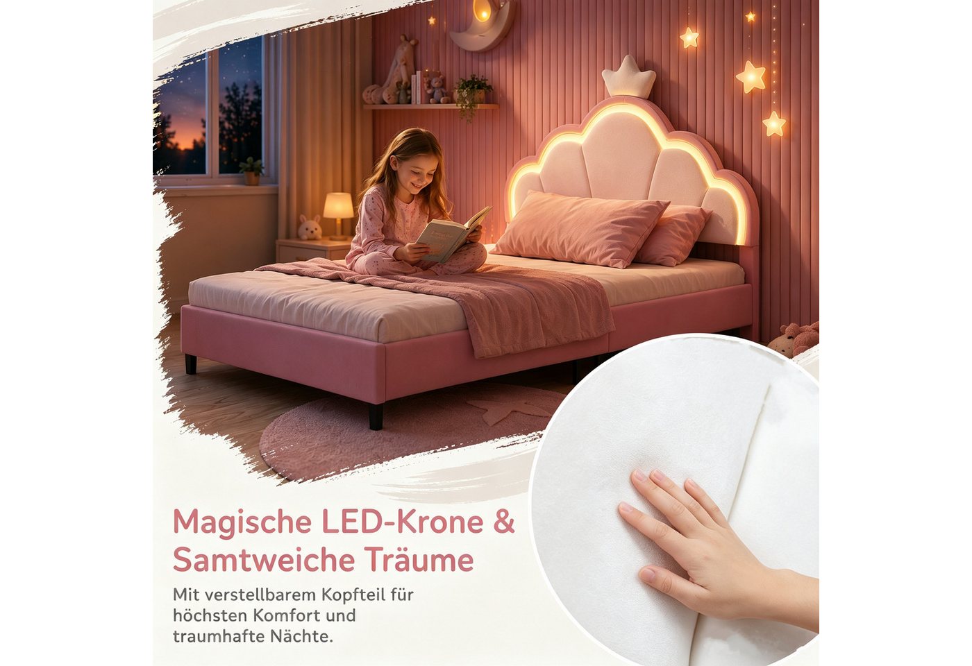 Simurq Kinderbett 90x200cm Bettgestell, Einzelbett, Polsterbett, Jugendbett, Mit LED, Mit Lattenrost, Prinzessin Bett – Bild 2 von 5