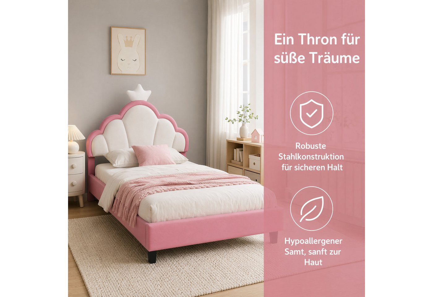 Simurq Kinderbett 90x200cm Bettgestell, Einzelbett, Polsterbett, Jugendbett, Mit LED, Mit Lattenrost, Prinzessin Bett – Bild 3 von 5