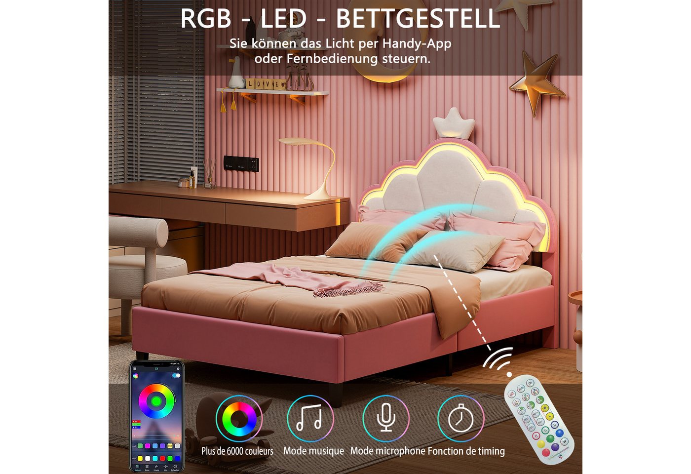 Simurq Kinderbett 90x200cm Bettgestell, Einzelbett, Polsterbett, Jugendbett, Mit LED, Mit Lattenrost, Prinzessin Bett – Bild 4 von 5