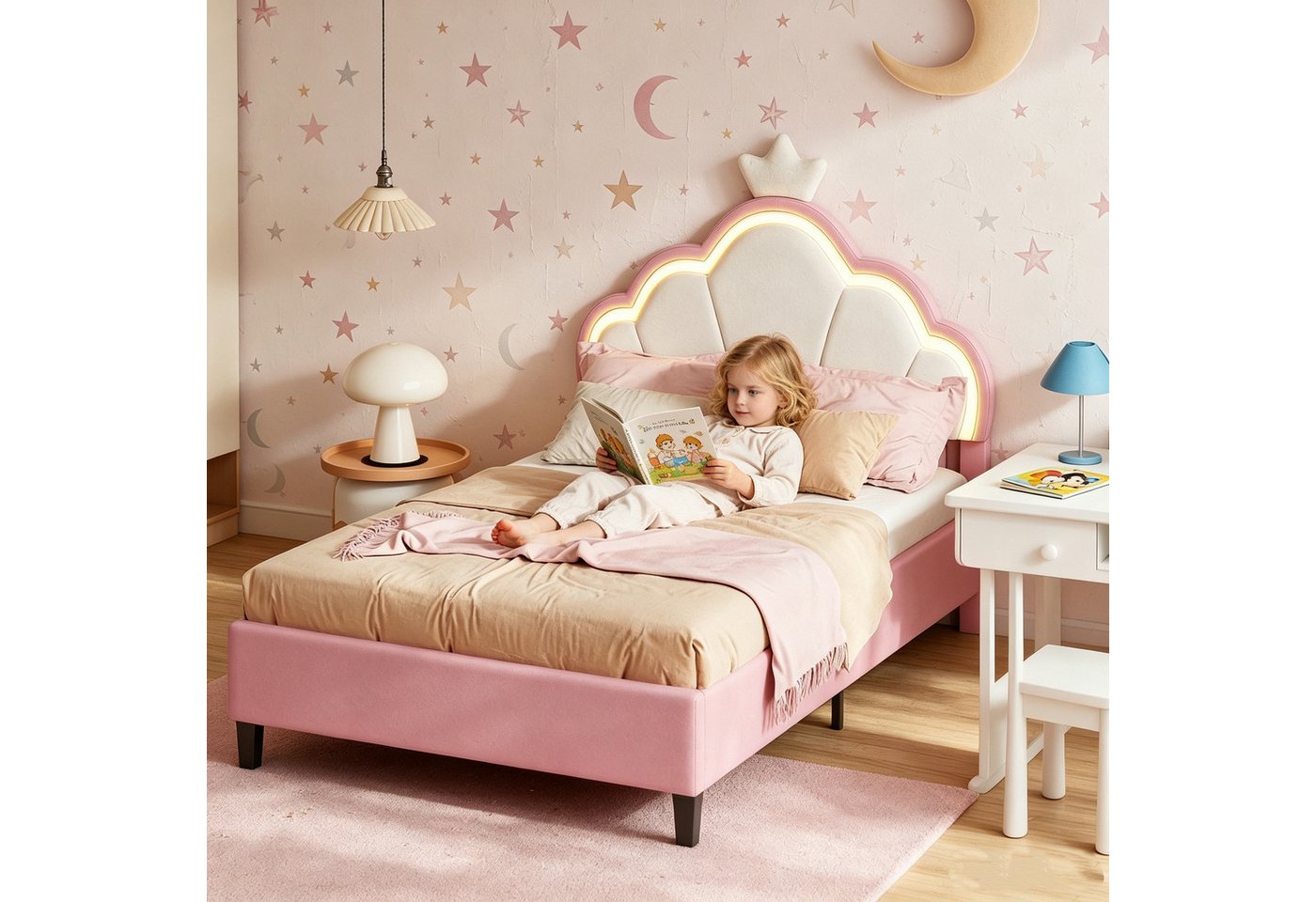 Simurq Kinderbett 90x200cm Bettgestell, Einzelbett, Polsterbett, Jugendbett, Mit LED, Mit Lattenrost, Prinzessin Bett – Bild 5 von 5