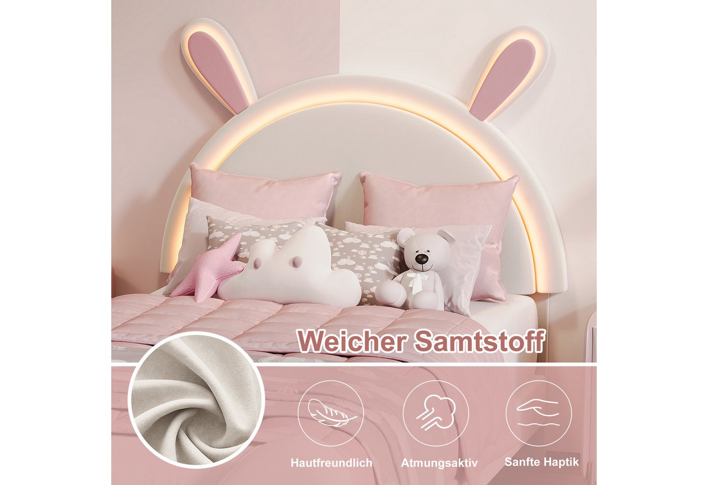 Simurq Kinderbett 90x200cm Bettgestell, Einzelbett, Polsterbett, Jugendbett, Hasenform, Mit LED, Mit Lattenrost, samtbett – Bild 2 von 5