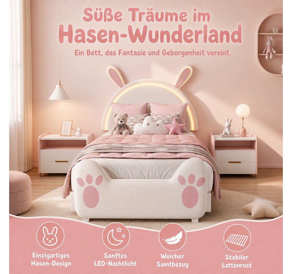 Simurq Kinderbett 90x200cm Bettgestell, Einzelbett, Polsterbett, Jugendbett, Hasenform, Mit LED, Mit Lattenrost, samtbett – Bild 3 von 5