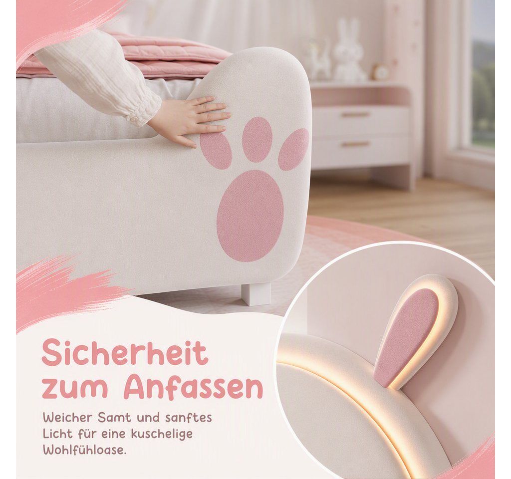 Simurq Kinderbett 90x200cm Bettgestell, Einzelbett, Polsterbett, Jugendbett, Hasenform, Mit LED, Mit Lattenrost, samtbett – Bild 4 von 5