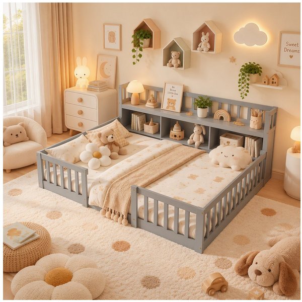 Simurq Kinderbett Bodenbett 140x200 cm, Montessori Bett Mit Staufach Und Rausfallschutz (Set, Ohne Matratze), Gitterbett Spielbett Jugendbett Doppelbett Holzbet