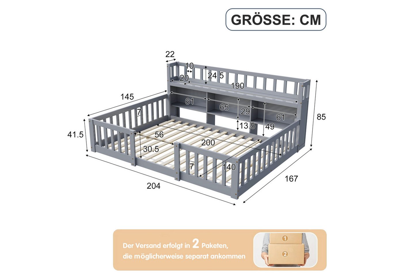Simurq Kinderbett Bodenbett 140x200 cm, Montessori Bett Mit Staufach Und Rausfallschutz (Set, Ohne Matratze), Gitterbett Spielbett Jugendbett Doppelbett Holzbet – Bild 2 von 5