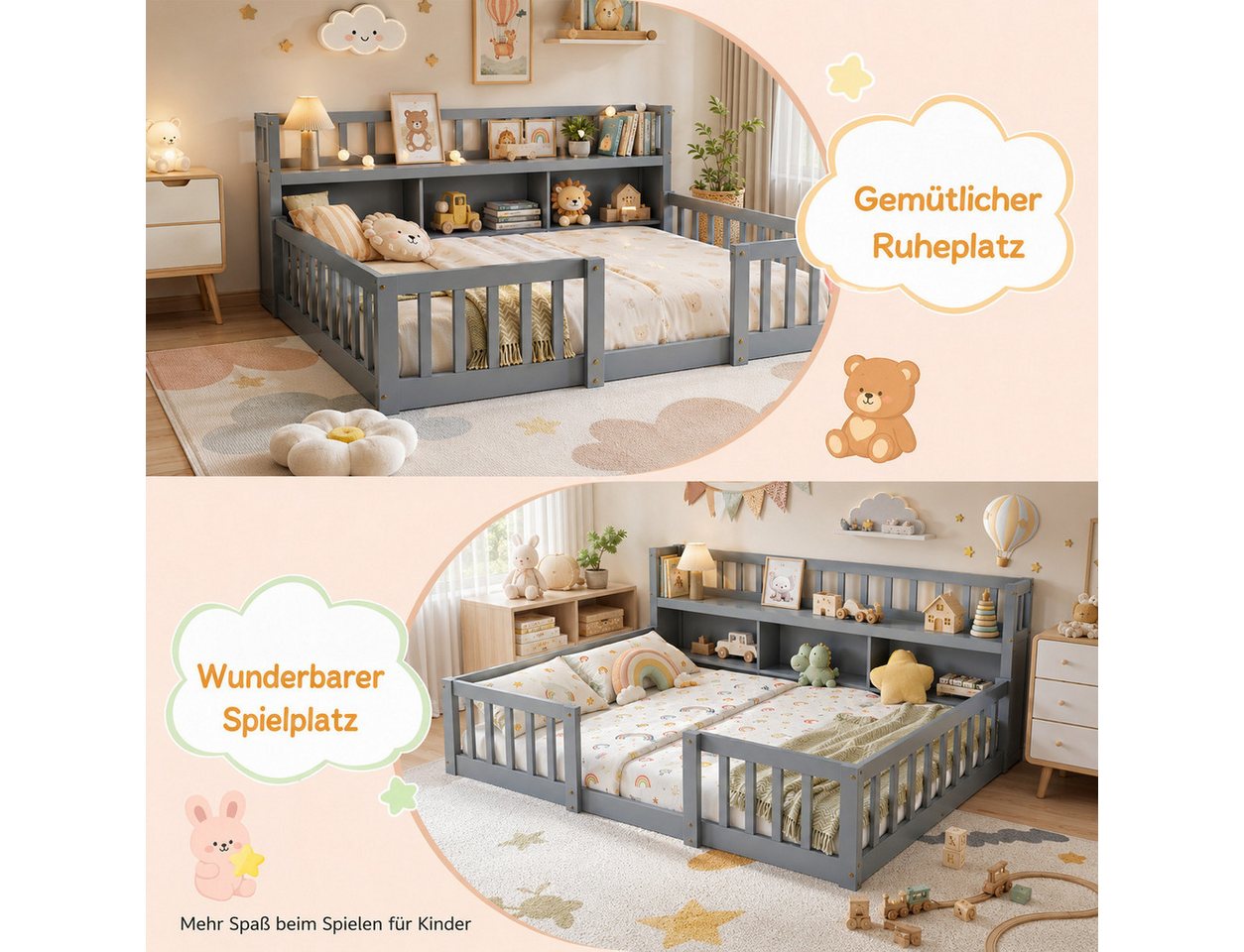 Simurq Kinderbett Bodenbett 140x200 cm, Montessori Bett Mit Staufach Und Rausfallschutz (Set, Ohne Matratze), Gitterbett Spielbett Jugendbett Doppelbett Holzbet – Bild 3 von 5