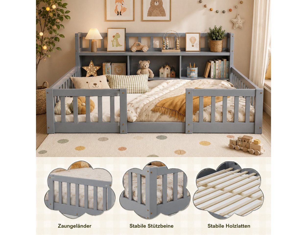 Simurq Kinderbett Bodenbett 140x200 cm, Montessori Bett Mit Staufach Und Rausfallschutz (Set, Ohne Matratze), Gitterbett Spielbett Jugendbett Doppelbett Holzbet – Bild 4 von 5