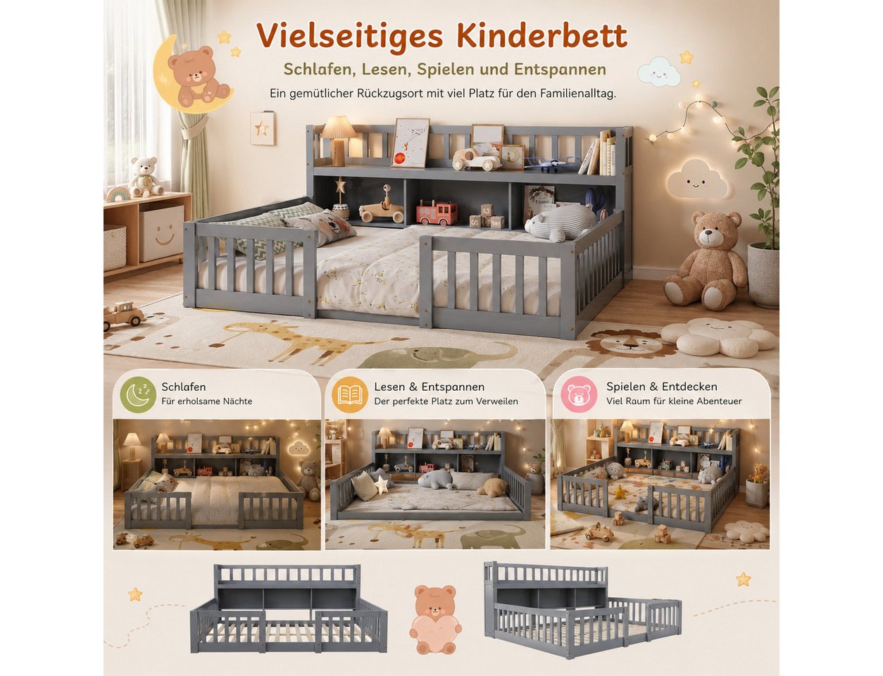 Simurq Kinderbett Bodenbett 140x200 cm, Montessori Bett Mit Staufach Und Rausfallschutz (Set, Ohne Matratze), Gitterbett Spielbett Jugendbett Doppelbett Holzbet – Bild 5 von 5