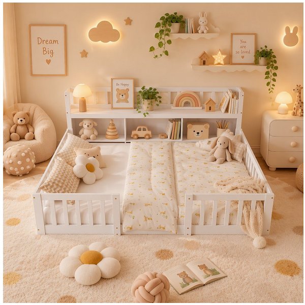 Simurq Kinderbett Bodenbett 140x200 cm, Montessori Bett Mit Staufach Und Rausfallschutz (Set, Ohne Matratze), Gitterbett Spielbett Jugendbett Doppelbett Holzbet