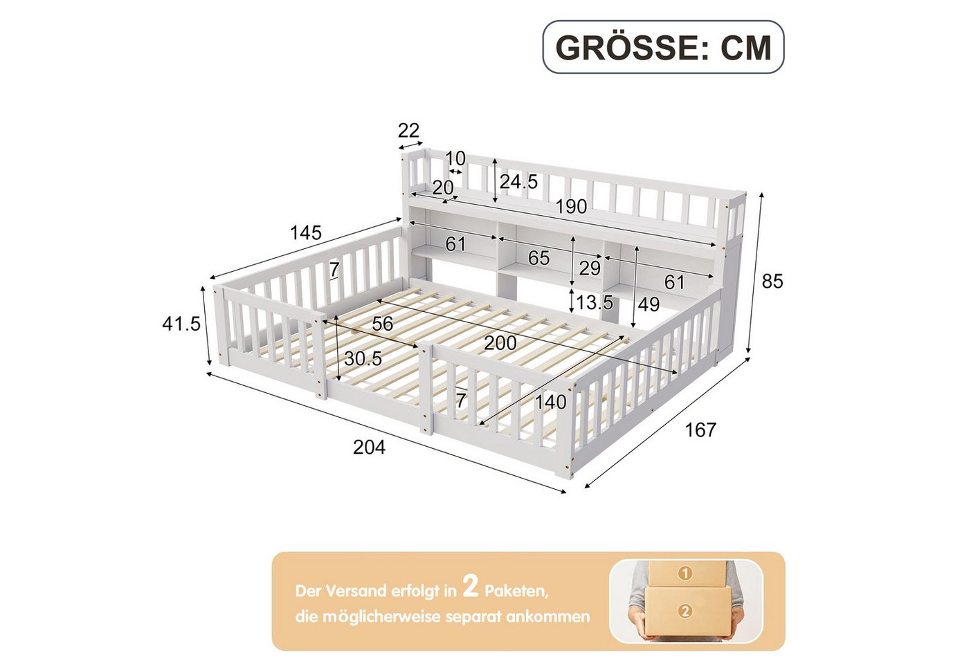 Simurq Kinderbett Bodenbett 140x200 cm, Montessori Bett Mit Staufach Und Rausfallschutz (Set, Ohne Matratze), Gitterbett Spielbett Jugendbett Doppelbett Holzbet – Bild 2 von 5
