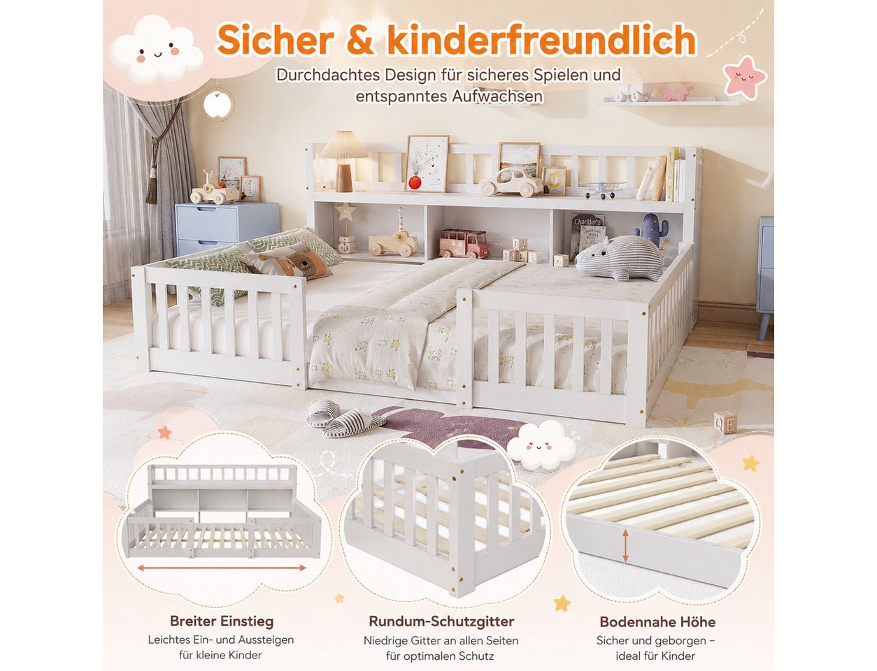 Simurq Kinderbett Bodenbett 140x200 cm, Montessori Bett Mit Staufach Und Rausfallschutz (Set, Ohne Matratze), Gitterbett Spielbett Jugendbett Doppelbett Holzbet – Bild 3 von 5