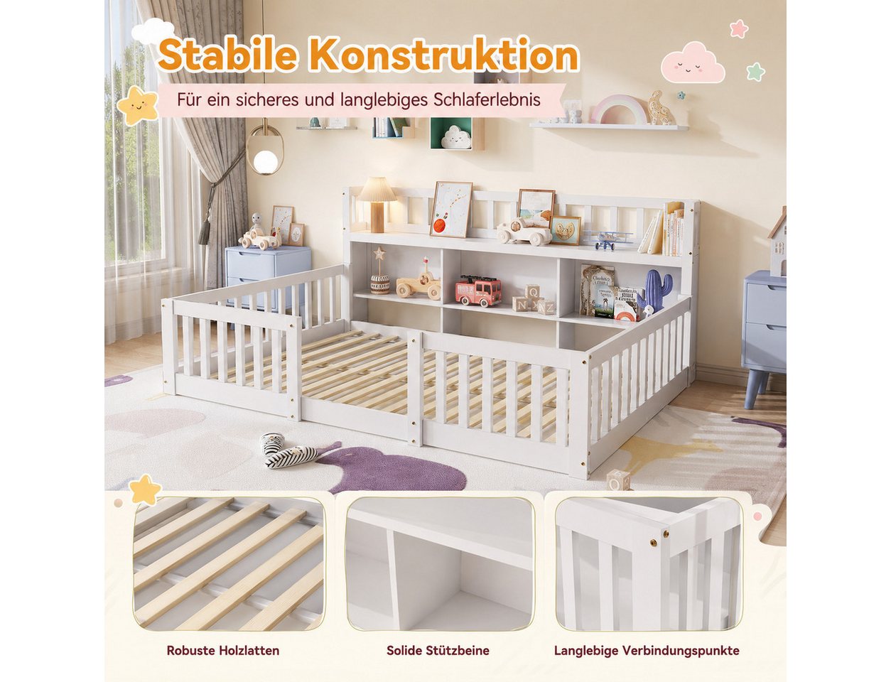 Simurq Kinderbett Bodenbett 140x200 cm, Montessori Bett Mit Staufach Und Rausfallschutz (Set, Ohne Matratze), Gitterbett Spielbett Jugendbett Doppelbett Holzbet – Bild 4 von 5