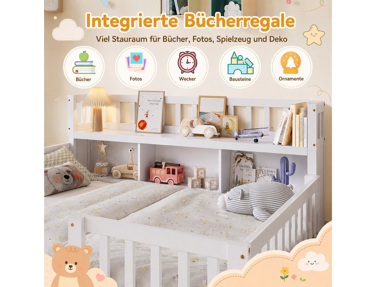 Simurq Kinderbett Bodenbett 140x200 cm, Montessori Bett Mit Staufach Und Rausfallschutz (Set, Ohne Matratze), Gitterbett Spielbett Jugendbett Doppelbett Holzbet – Bild 5 von 5