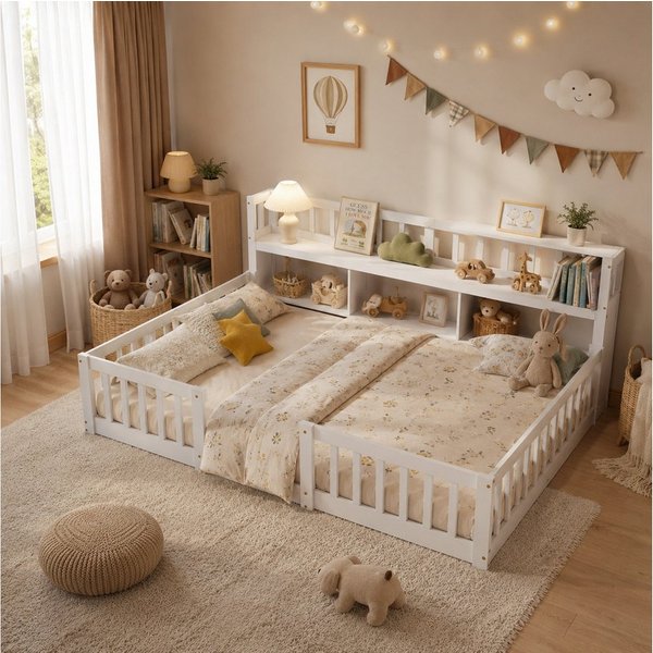 Simurq Kinderbett Bodenbett 140x200 cm, Massivholzbett mit Rausfallschutz & Lattenrost (1-tlg, Montessori Bett 140x200 mit Stauraum), Jugendbett, Bettrahmen aus