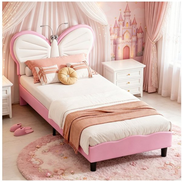 Simurq Kinderbett Einzelbett mit LED-Beleuchtung, Polsterbett, Jugendbett, Bettgestell, Bettgestell 90x190, Mit Lattenrost, Verstellbares Kopfteil, Samt+PU