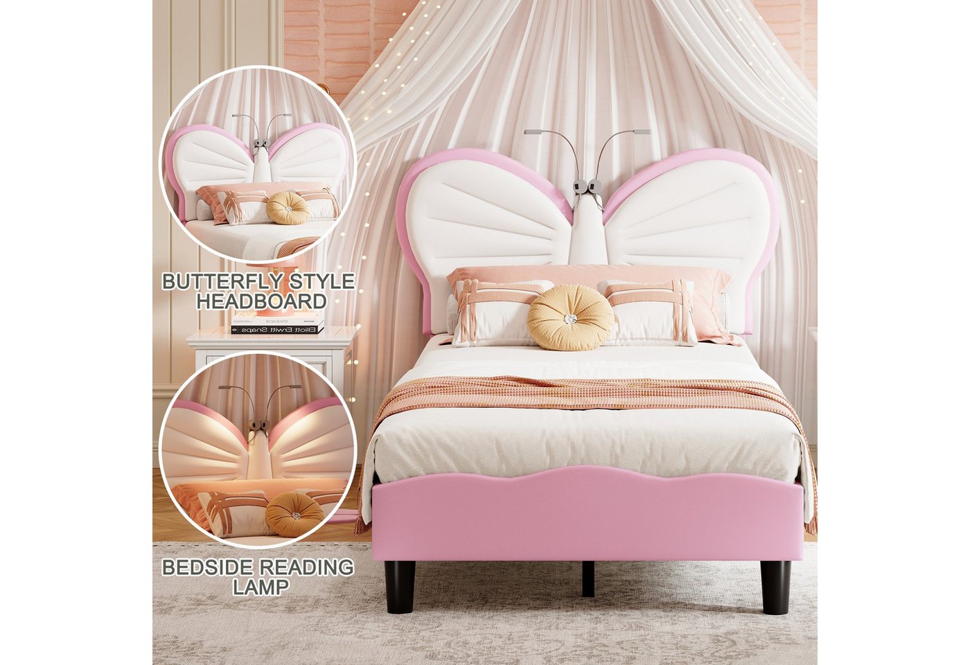 Simurq Kinderbett Einzelbett mit LED-Beleuchtung, Polsterbett, Jugendbett, Bettgestell, Bettgestell 90x190, Mit Lattenrost, Verstellbares Kopfteil, Samt+PU – Bild 2 von 5