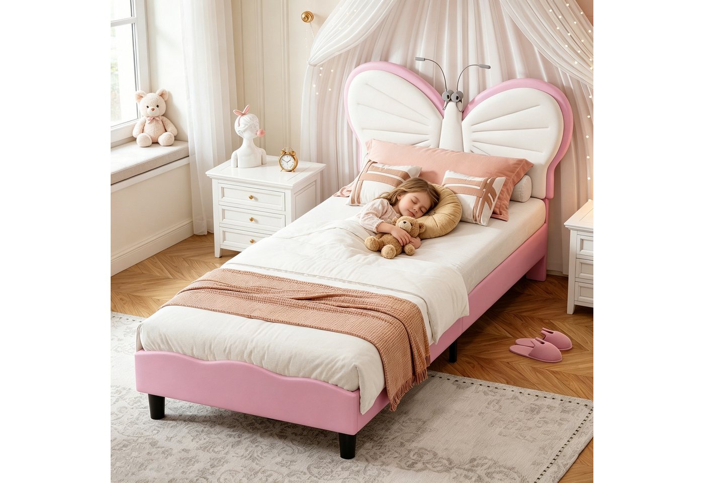 Simurq Kinderbett Einzelbett mit LED-Beleuchtung, Polsterbett, Jugendbett, Bettgestell, Bettgestell 90x190, Mit Lattenrost, Verstellbares Kopfteil, Samt+PU – Bild 4 von 5