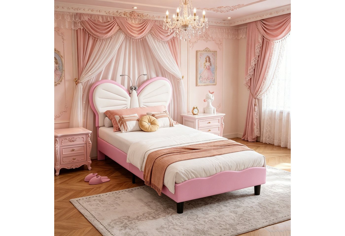 Simurq Kinderbett Einzelbett mit LED-Beleuchtung, Polsterbett, Jugendbett, Bettgestell, Bettgestell 90x190, Mit Lattenrost, Verstellbares Kopfteil, Samt+PU – Bild 5 von 5