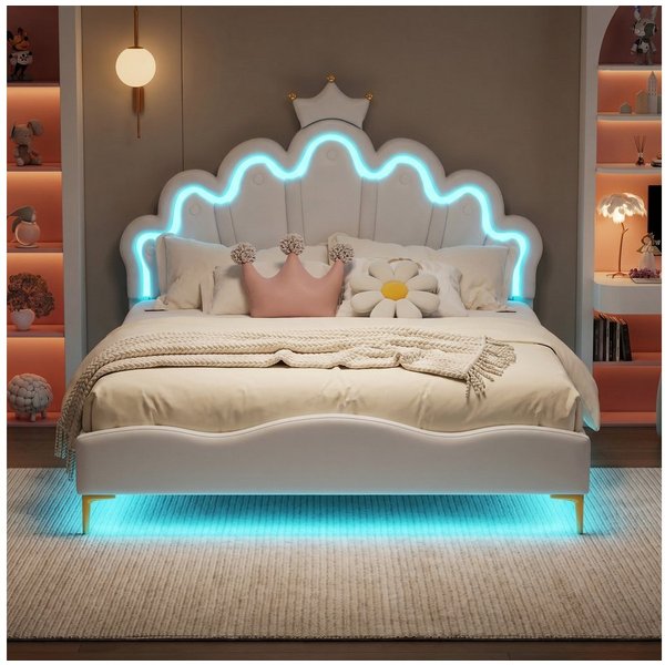Simurq Kinderbett Mädchenbett 140x190 cm mit LED Verstellbares-Kopfteil in Kronenform (Versand in 2 Paketen, Jugendbett Gästebett für kinder/Erwachsenen,ohne Ma