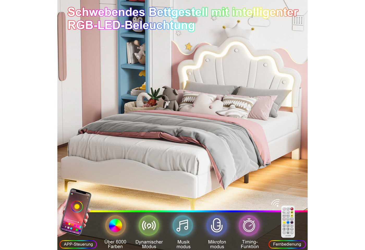 Simurq Kinderbett Mädchenbett 140x190 cm mit LED Verstellbares-Kopfteil in Kronenform (Versand in 2 Paketen, Jugendbett Gästebett für kinder/Erwachsenen,ohne Ma – Bild 2 von 5