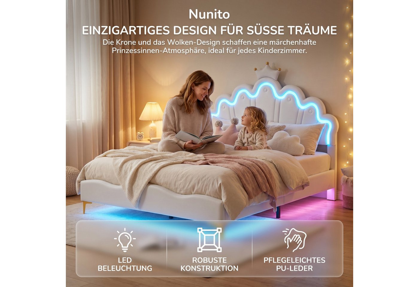 Simurq Kinderbett Mädchenbett 140x190 cm mit LED Verstellbares-Kopfteil in Kronenform (Versand in 2 Paketen, Jugendbett Gästebett für kinder/Erwachsenen,ohne Ma – Bild 3 von 5