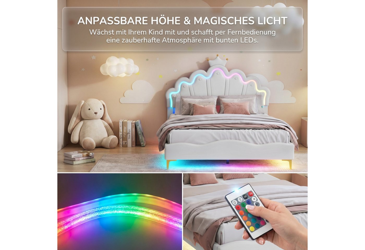Simurq Kinderbett Mädchenbett 140x190 cm mit LED Verstellbares-Kopfteil in Kronenform (Versand in 2 Paketen, Jugendbett Gästebett für kinder/Erwachsenen,ohne Ma – Bild 5 von 5