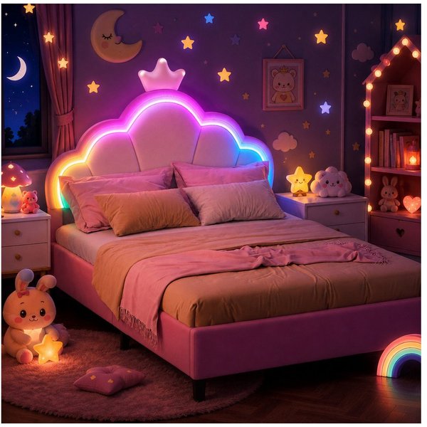 Simurq Kinderbett Mädchenbett 140x190 cm mit LED Verstellbares-Kopfteil in Kronenform (Einzelartikel, Jugendbett Gästebett für kinder/Erwachsenen,ohne Matratze)