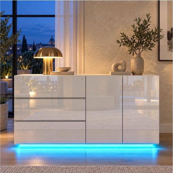 Simurq Kommode Hochglanz Sideboard Modern mit LED, 2 Türen und 3 Schubladen, Weiß (Packung, Hochglanz Buffetschrank Küchenschrank), Wohnzimmerschrank für Wohnzi