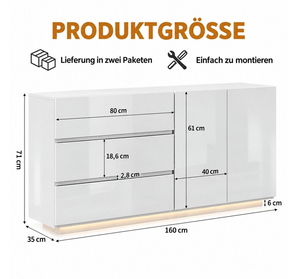 Simurq Kommode Hochglanz Sideboard Modern mit LED, 2 Türen und 3 Schubladen, Weiß (Packung, Hochglanz Buffetschrank Küchenschrank), Wohnzimmerschrank für Wohnzi – Bild 2 von 5