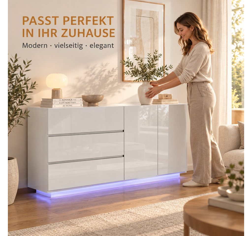 Simurq Kommode Hochglanz Sideboard Modern mit LED, 2 Türen und 3 Schubladen, Weiß (Packung, Hochglanz Buffetschrank Küchenschrank), Wohnzimmerschrank für Wohnzi – Bild 3 von 5