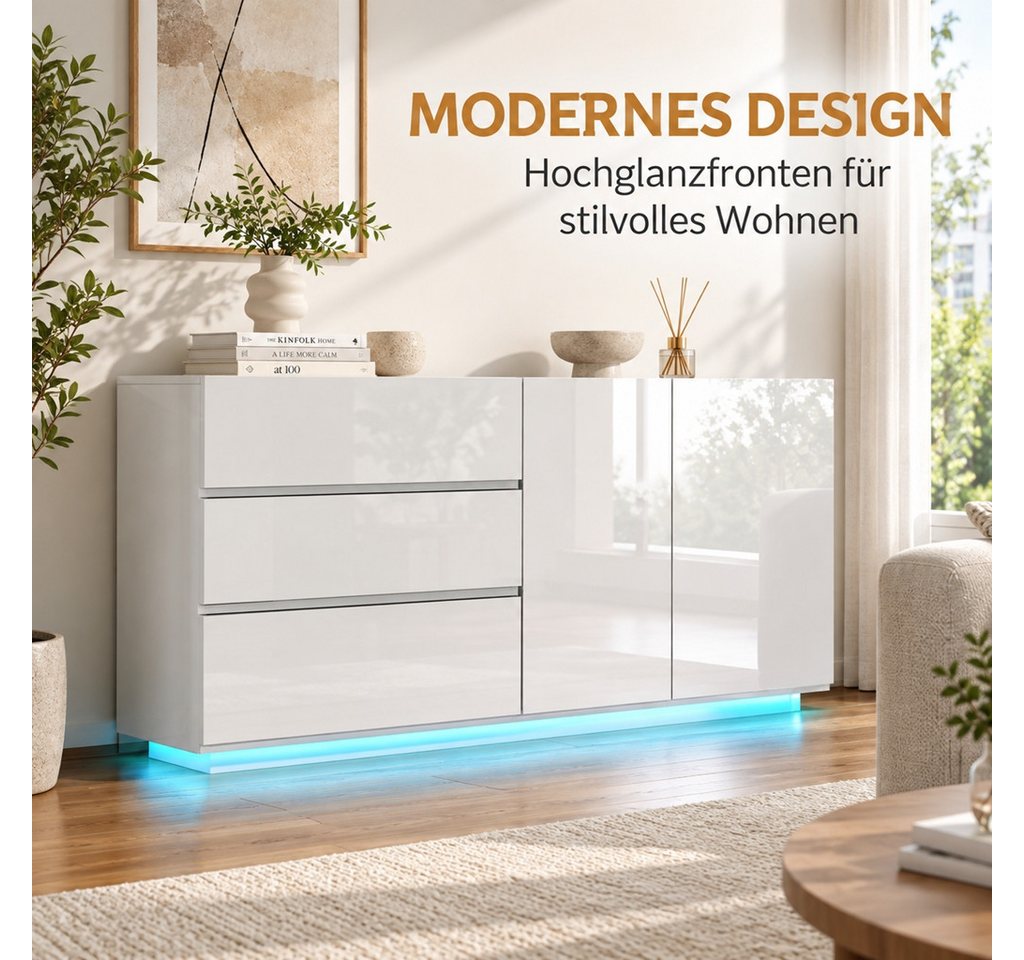 Simurq Kommode Hochglanz Sideboard Modern mit LED, 2 Türen und 3 Schubladen, Weiß (Packung, Hochglanz Buffetschrank Küchenschrank), Wohnzimmerschrank für Wohnzi – Bild 4 von 5