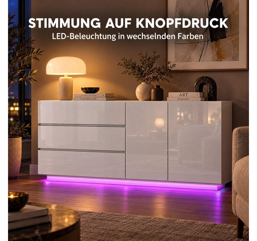 Simurq Kommode Hochglanz Sideboard Modern mit LED, 2 Türen und 3 Schubladen, Weiß (Packung, Hochglanz Buffetschrank Küchenschrank), Wohnzimmerschrank für Wohnzi – Bild 5 von 5