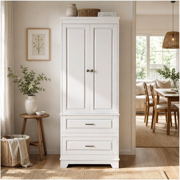 Simurq Kommode Hochschrank Weiß mit 2 Türen, 2 Schubladen, 157 cm hoch (Einzelmöbel, 1 St., 1 Hochschrank), Platzsparende hohe Bauform