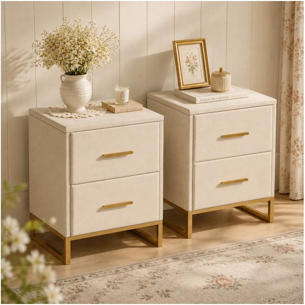 Simurq Nachttisch Nachtkommode 2er Set mit 2 Schubladen, Samt Beige 40x40x50 cm (2-teiliges Set, 2-St., 2 Nachttische als Set), 2er-Set, Samtoptik, zwei Schubla