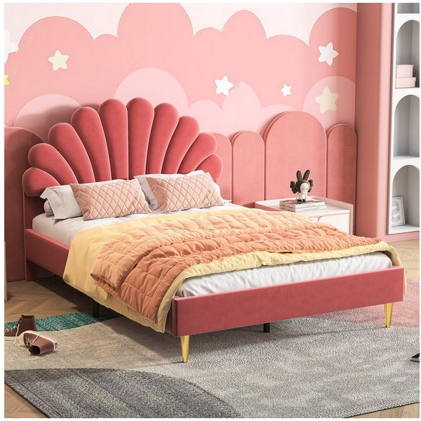Simurq Polsterbett Polsterbett 140x200,Doppelbett,Jugendbett,Doppelbettgestell,Rotwein (140x200cm Bett Doppelbett mit Blütenblattform Prinzessinnenbett), Jugend
