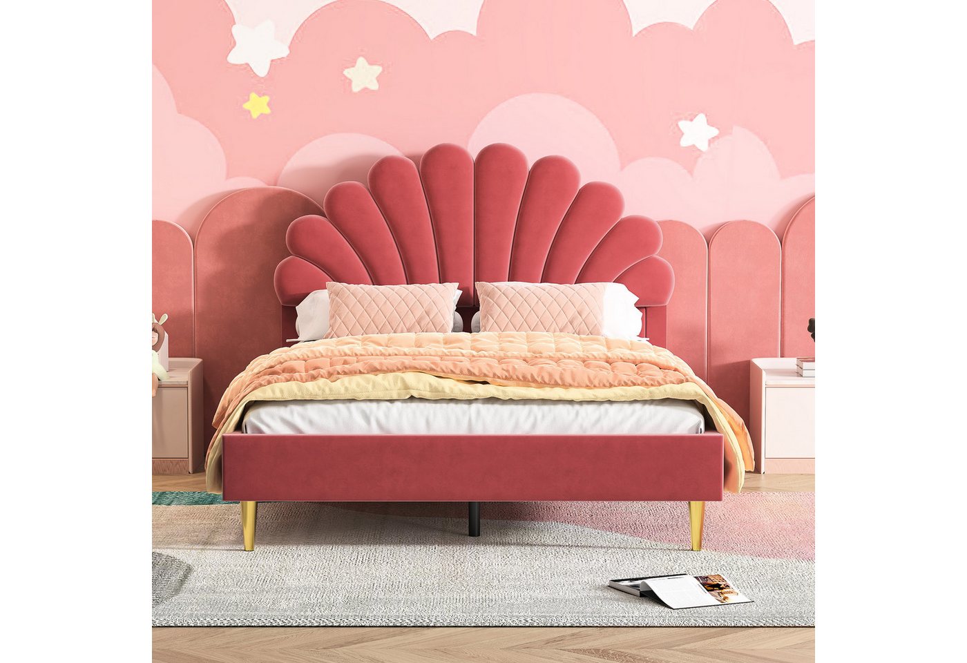 Simurq Polsterbett Polsterbett 140x200,Doppelbett,Jugendbett,Doppelbettgestell,Rotwein (140x200cm Bett Doppelbett mit Blütenblattform Prinzessinnenbett), Jugend – Bild 2 von 5