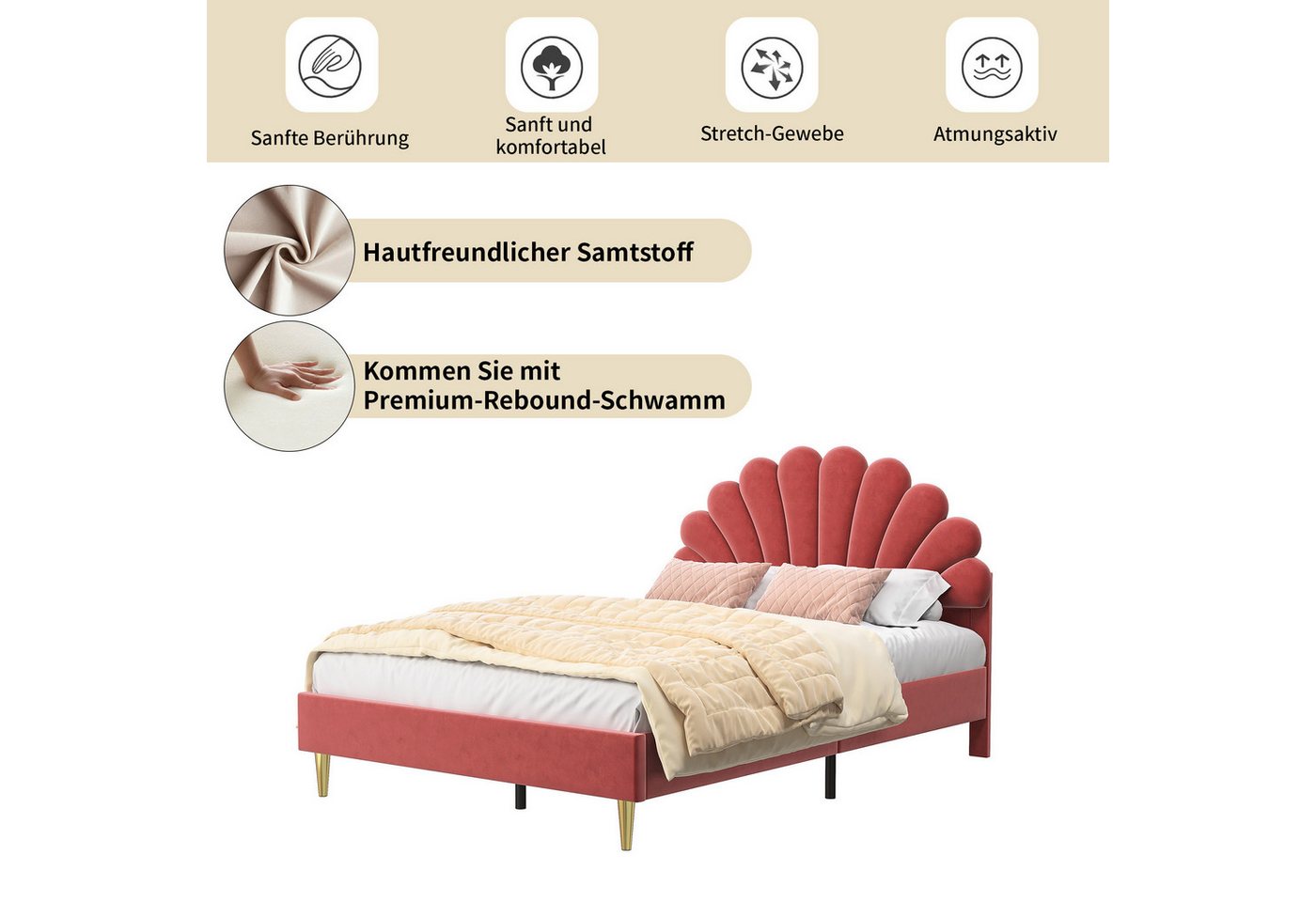Simurq Polsterbett Polsterbett 140x200,Doppelbett,Jugendbett,Doppelbettgestell,Rotwein (140x200cm Bett Doppelbett mit Blütenblattform Prinzessinnenbett), Jugend – Bild 3 von 5