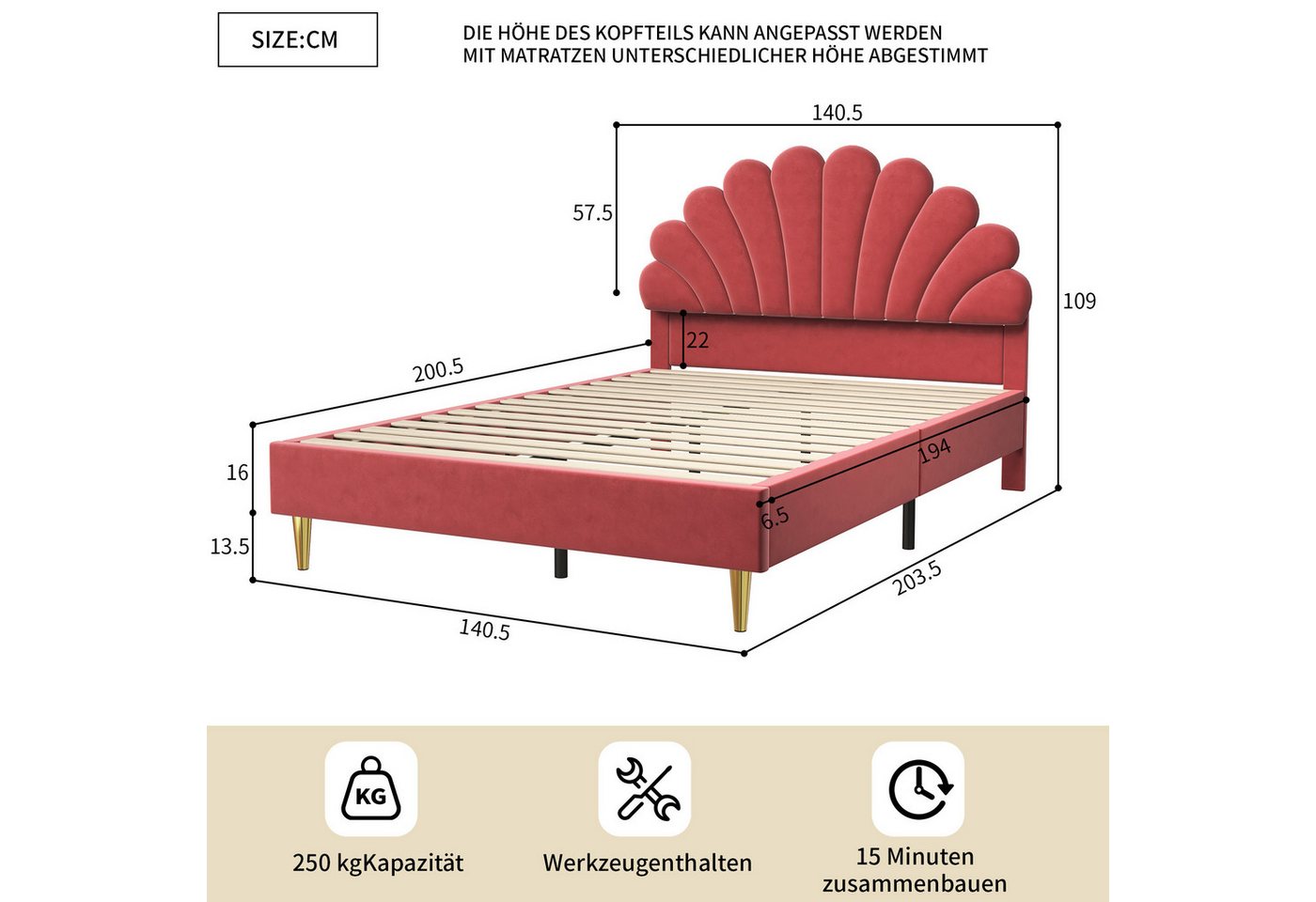 Simurq Polsterbett Polsterbett 140x200,Doppelbett,Jugendbett,Doppelbettgestell,Rotwein (140x200cm Bett Doppelbett mit Blütenblattform Prinzessinnenbett), Jugend – Bild 4 von 5