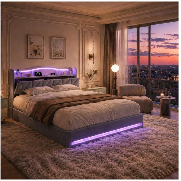 Simurq Polsterbett 160x200cm LED USB Stauraum Samt Grau (USB-Ladeanschluss), LED,USB,Stauraum,Samt,Grau,Lattenrost