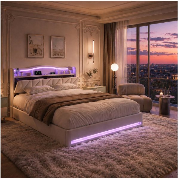 Simurq Polsterbett 160x200cm LED USB Stauraum Samt Grau (USB-Ladeanschluss), LED,USB,Stauraum,Samt,Beige,Lattenrost
