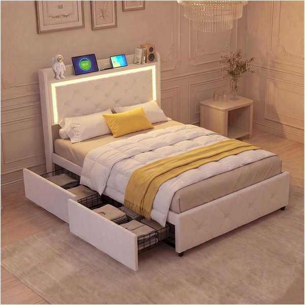 Simurq Polsterbett Polsterbett,Erwachsenenbett,Schubladenbett,Jugendbett,Einzelbett (inkl. Lattenrost, Ohne Matratze, mit Kopfteil), 2 Schubladen,LED-Beleuchtun