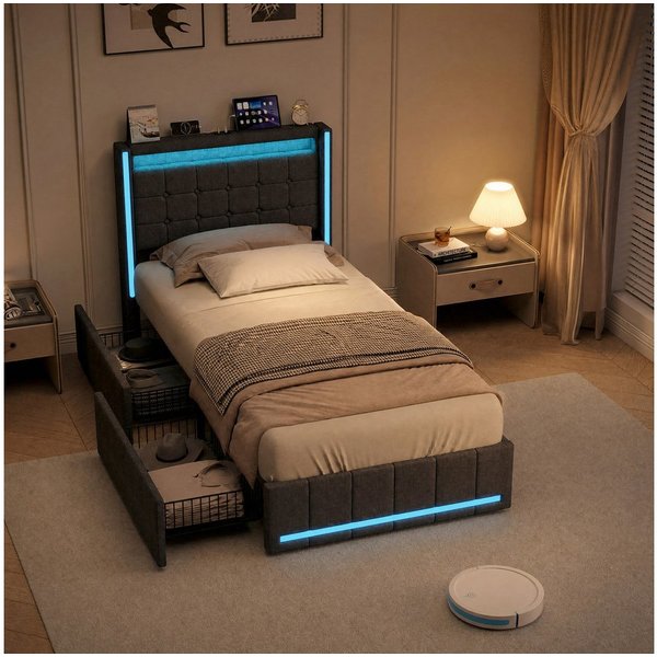 Simurq Polsterbett Polsterbett,Erwachsenenbett,Schubladenbett,Jugendbett,Einzelbett (inkl. Lattenrost, Ohne Matratze, mit Kopfteil), 2 Schubladen,LED-Beleuchtun