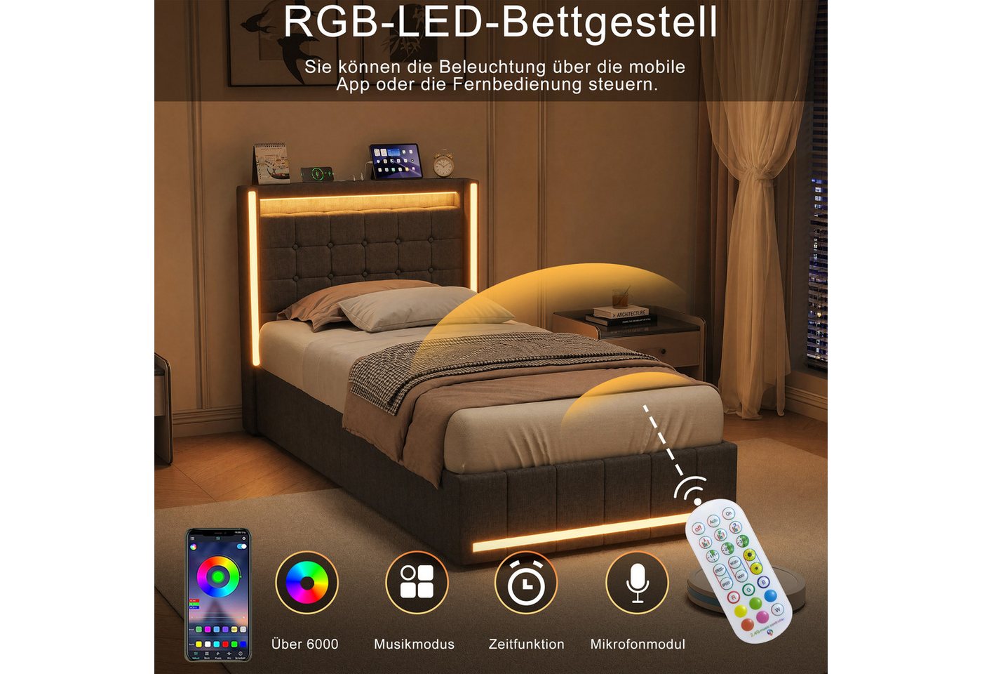 Simurq Polsterbett Polsterbett,Erwachsenenbett,Schubladenbett,Jugendbett,Einzelbett (inkl. Lattenrost, Ohne Matratze, mit Kopfteil), 2 Schubladen,LED-Beleuchtun – Bild 3 von 5