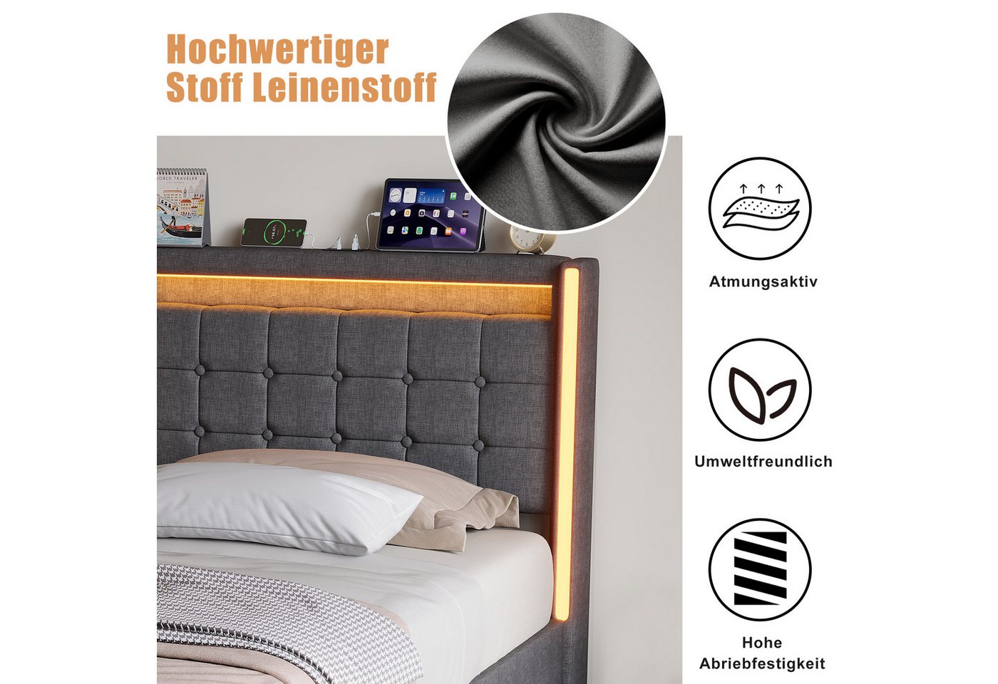 Simurq Polsterbett Polsterbett,Erwachsenenbett,Schubladenbett,Jugendbett,Einzelbett (inkl. Lattenrost, Ohne Matratze, mit Kopfteil), 2 Schubladen,LED-Beleuchtun – Bild 4 von 5