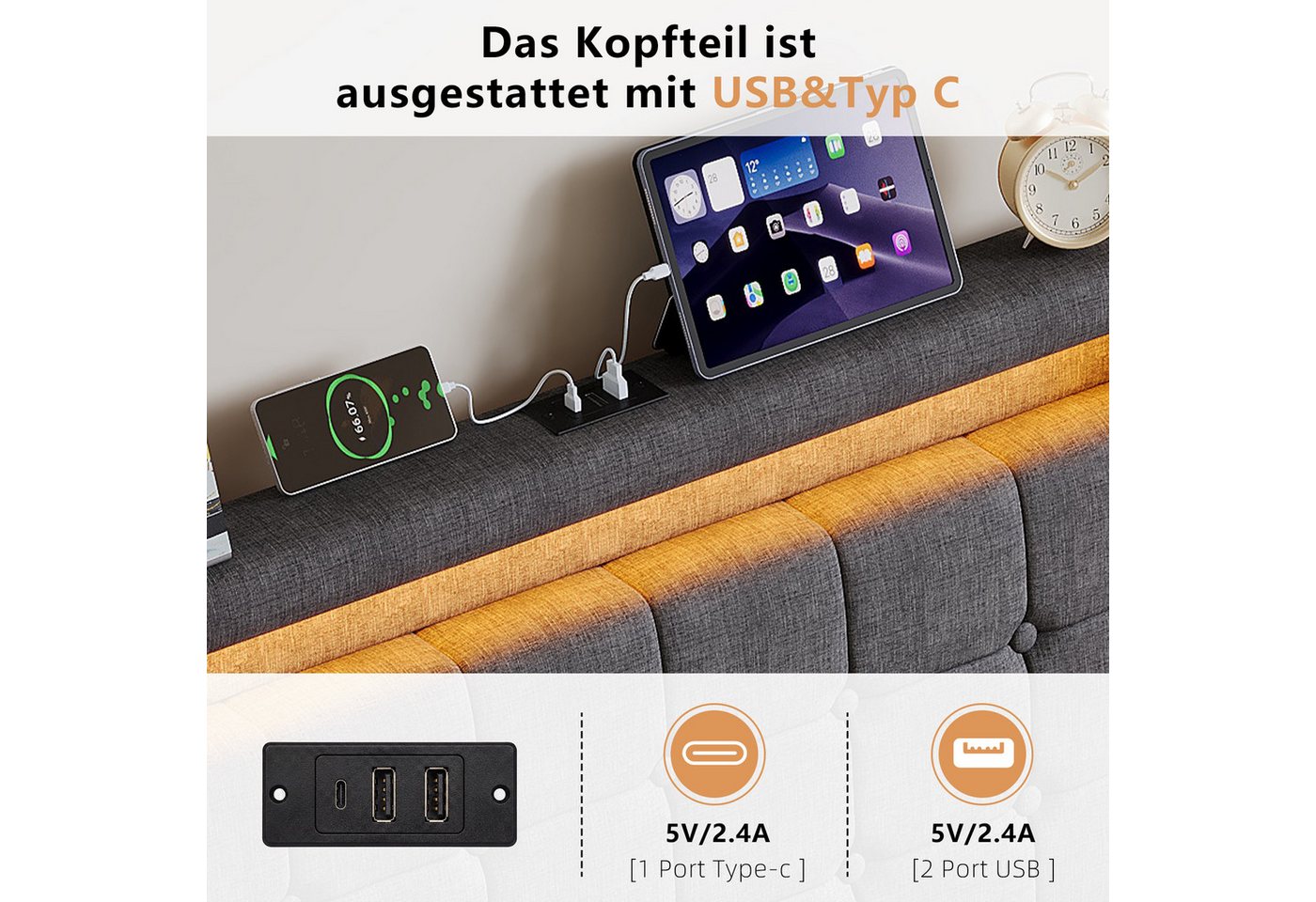 Simurq Polsterbett Polsterbett,Erwachsenenbett,Schubladenbett,Jugendbett,Einzelbett (inkl. Lattenrost, Ohne Matratze, mit Kopfteil), 2 Schubladen,LED-Beleuchtun – Bild 5 von 5