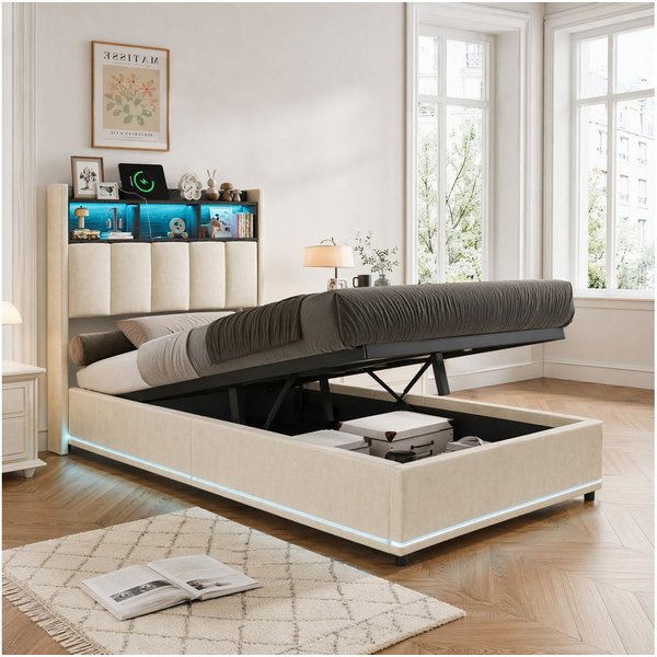Simurq Polsterbett 90x200 mit Bettkasten, Einzelbett, Jugendbett, Bettgestell (1 tlg, ohne Matratze, Mit Lattenrost), LED Samtbett, mit Ablage & USB Port, Moder