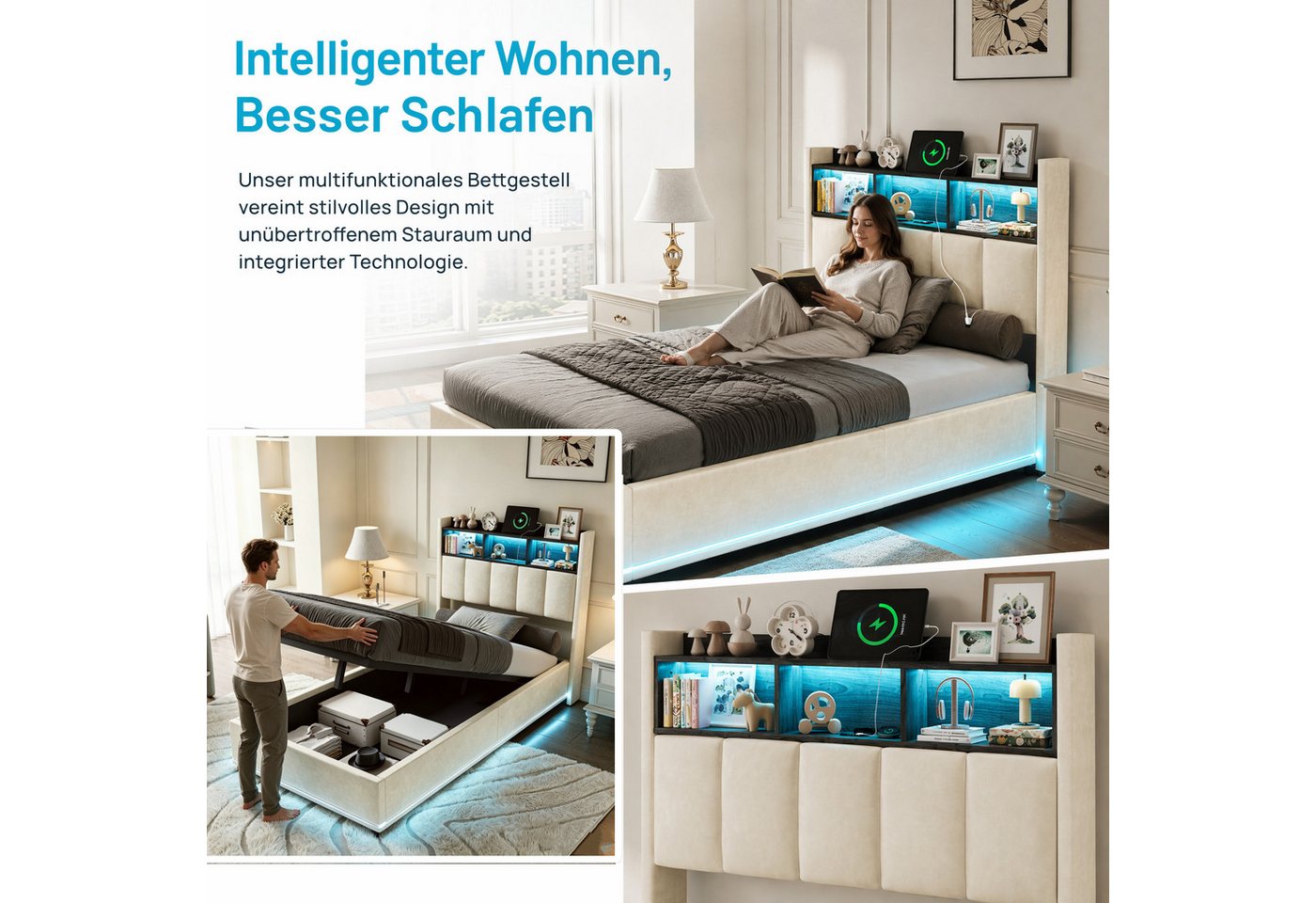 Simurq Polsterbett 90x200 mit Bettkasten, Einzelbett, Jugendbett, Bettgestell (1 tlg, ohne Matratze, Mit Lattenrost), LED Samtbett, mit Ablage & USB Port, Moder – Bild 2 von 5
