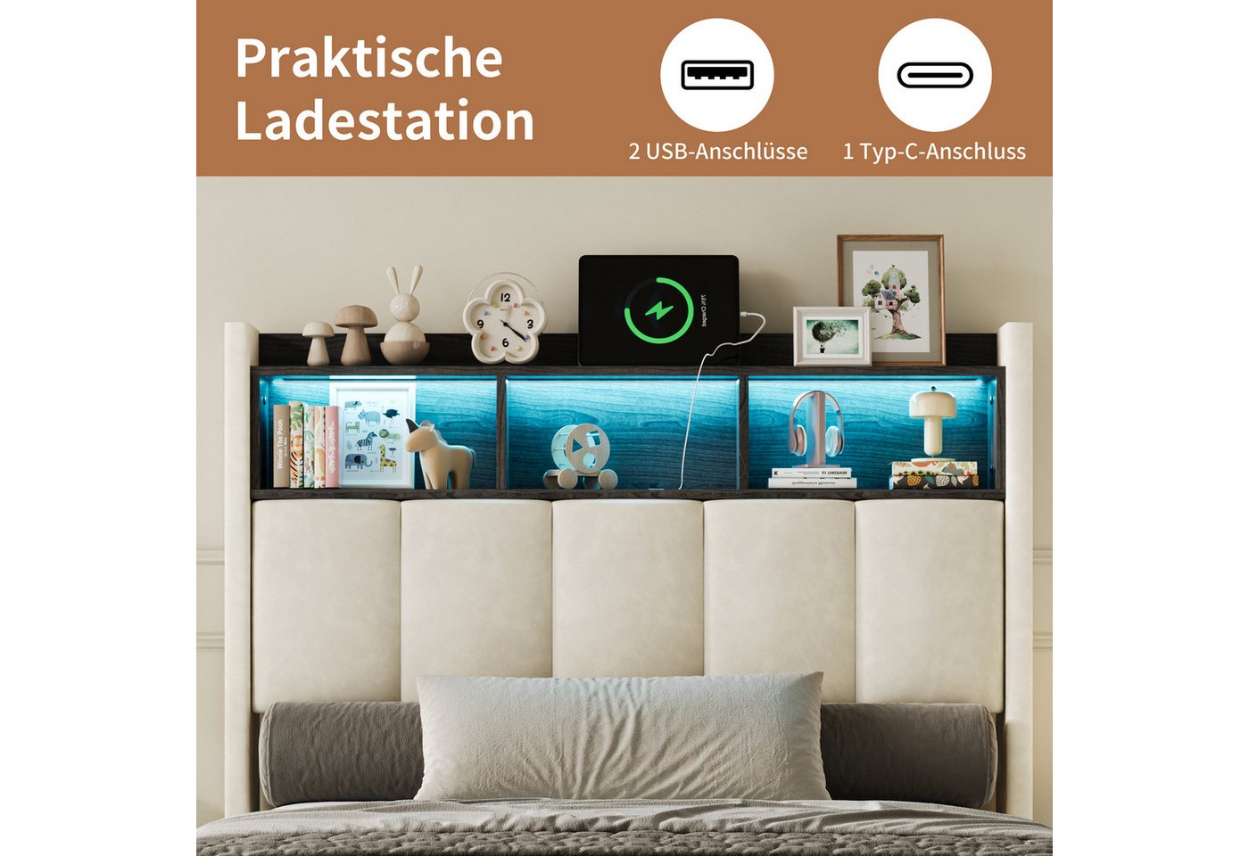 Simurq Polsterbett 90x200 mit Bettkasten, Einzelbett, Jugendbett, Bettgestell (1 tlg, ohne Matratze, Mit Lattenrost), LED Samtbett, mit Ablage & USB Port, Moder – Bild 3 von 5